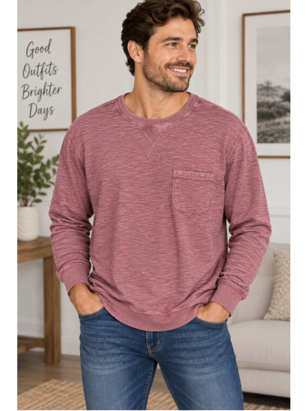 Lucky Brand Long Sleeve Pocket Sweatshirt Pink Men's Size XXL